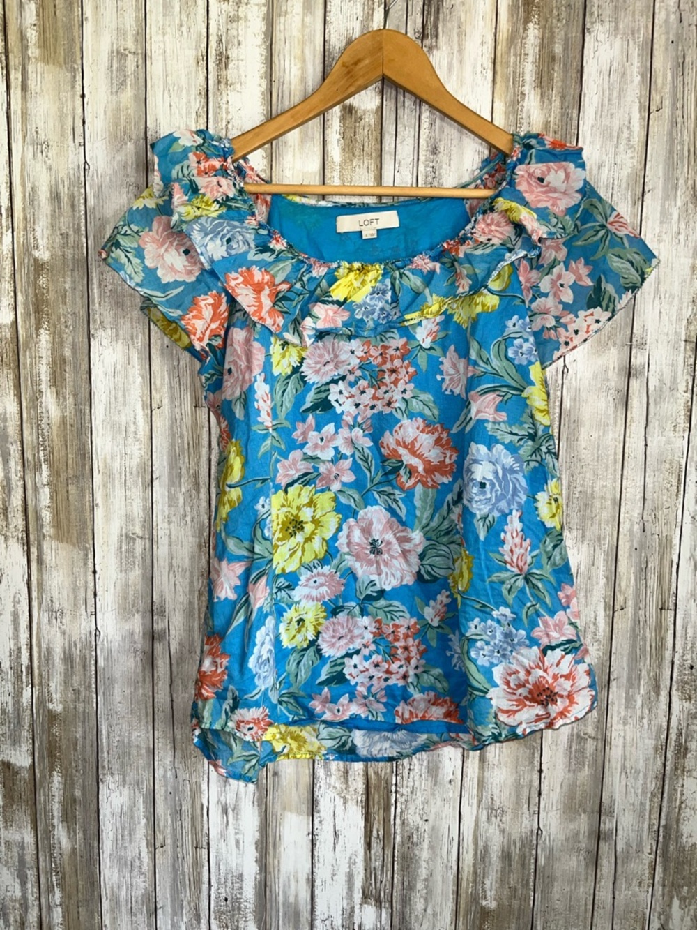 LOFT Floral Ruffle Neck Blouse Size L Blue Garden Print Boho Cottagecore Top - Picture 2 of 5